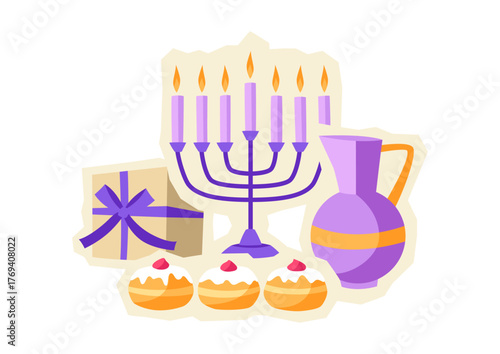 Happy Hanukkah sticker with traditional symbols. Holiday image in cartoon style.