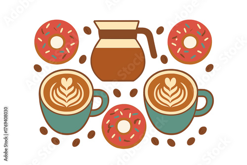 Arrangement of coffee cups with latte art, sweet donuts, and a coffee carafe