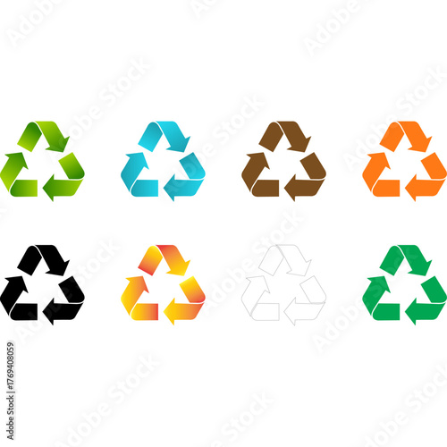 Collection of colorful recycling symbols in different colors and designs on transparent background