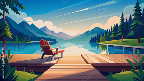Very beautiful scenic lake view featuring a wooden dock and an Adirondack chair on a warm summer day, surrounded by calm blue water, lush green trees, and peaceful natural serenity.