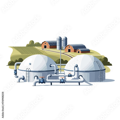 Biogas plant with farm buildings in vector design