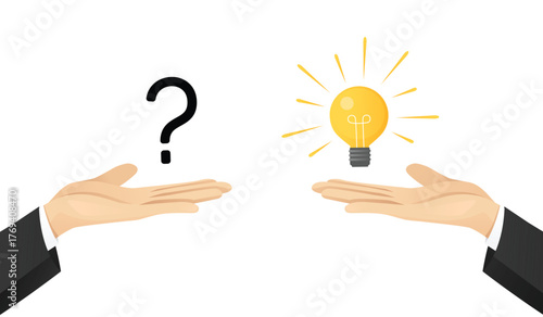 Businessman hands holding question mark and lightbulb as answer. Creativity, making decision and problem solving. Isolated vector illustration