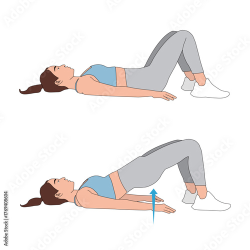 Glute Bridge Exercise Illustration: Two-Step Full Body Vector Diagram - Core and Glutes Training