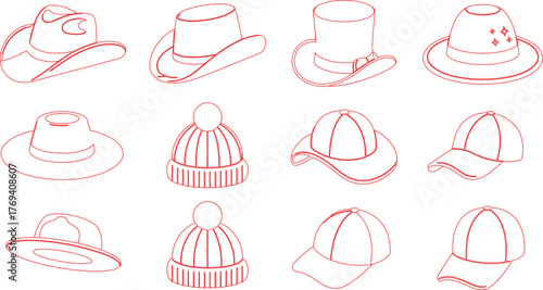 Red Outline Drawing Twelve Different Hats Including Cowboy, Baseball Cap, Beanie, Top Hats
