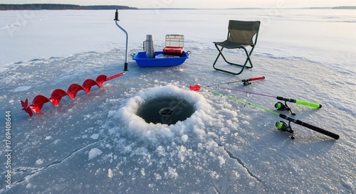 Ice fishing equipment arranged around a hole in the frozen lake  