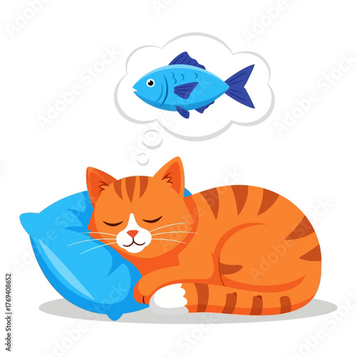 A cute cartoon orange tabby cat sleeps soundly on a blue pillow, dreaming of a big blue fish in a thought bubble above its head.