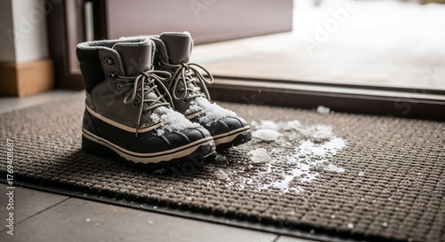 Winter boots with melted snow on doormat by entrance  