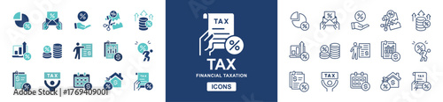 Tax percent invoice icon line set. Finance taxation form, accounting, money, return, income, document, vat rate, tax bill, business interest vector signs illustration