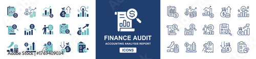Accounting audit finance icon line set. Financial profit growth inspection auditor  earning report analysis magnifier search document management signs vector illustration