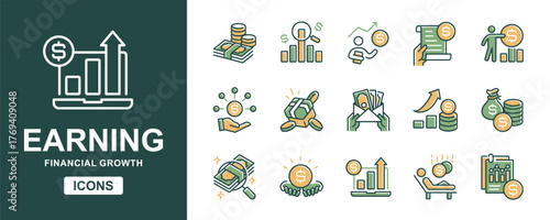 Earning growth arrow icon line set. Financial profit chart, accounting, salary, achievement, revenue, economy wealth, success business, budget, increase money vector illustration