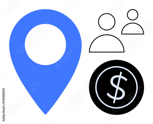 Blue location pin, two user icons, and a black coin with a dollar sign. Ideal for themes thumbs up business, finance, collaboration, navigation, e-commerce marketing customer service. Simple flat