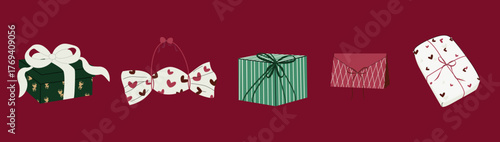 Multicolored Christmas gift boxes with bows and ribbons on a red background. Festive gift boxes for New Year's, birthdays, and other holidays.