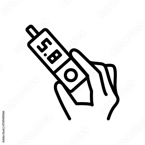 Smartphone blood glucose meter in hand. Blood sugar monitoring system outline icon isolated on white background flat vector illustration.