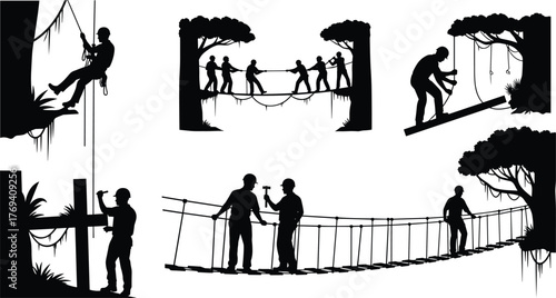 Silhouette vector illustration of people performing outdoor adventure activities with ropes, climbing, teamwork, rope bridge, balance, safety, challenge, and exploration
