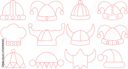 Red Outline Illustration of Hats Chef, Viking, Jester, Santa, Santa With a Star, and More
