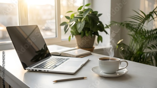 Wallpaper Mural Minimalist Workspace with Laptop, Coffee, Notebook, and Sunlit Window Ambiance Torontodigital.ca