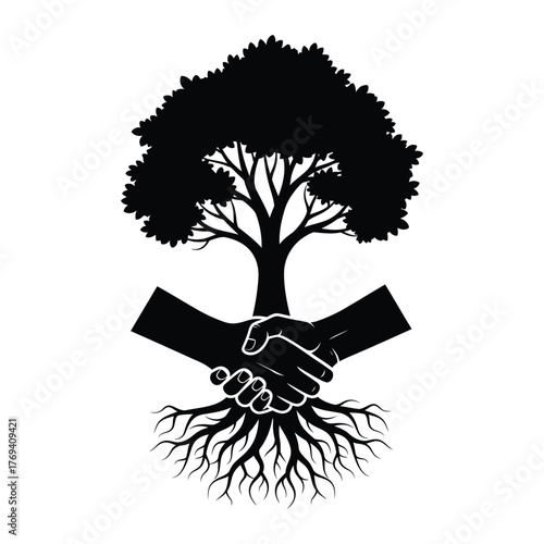 Tree with Handshake and Roots Vector | Environment Partnership and Sustainable Business Deal Concept