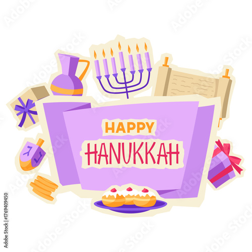 Happy Hanukkah banner with stickers. Illustration with holiday objects.