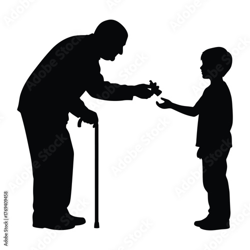 Grandfather Giving Toy to Grandson Silhouette Vector | Intergenerational Bond and Family Love Concept