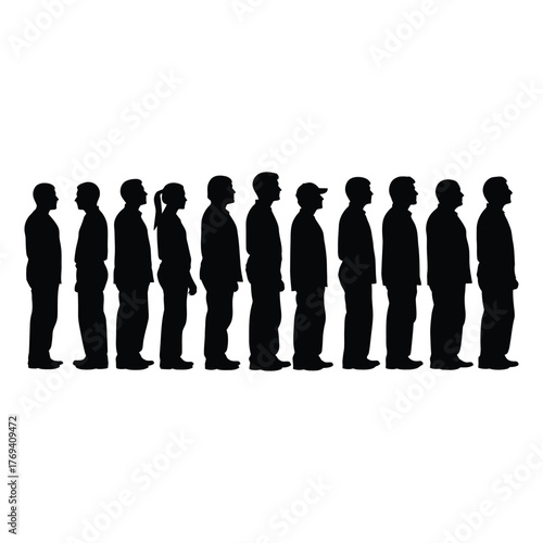 People Standing in Line Silhouette Vector | Queue, Job Seeker, and Crowd Waiting Concept