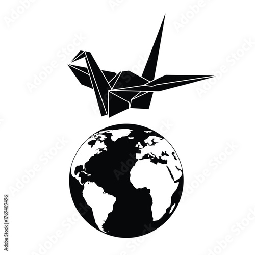 Origami Crane Flying Over Earth Vector Icon | Global Peace, Hope, and World Harmony Concept