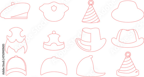 Red Outline Illustrations of Various Hats, Party Hats, and Crown Designs on a White Background