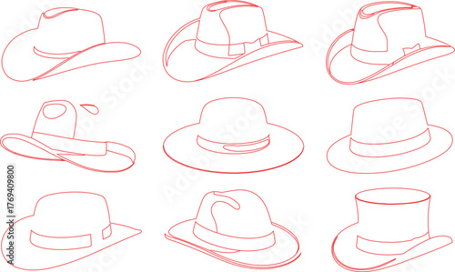 Red Outline of Nine Varied Hats, Including Cowboy, Fedora, and Top Hats