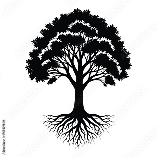 Detailed Black Tree Silhouette with Exposed Roots Vector | Nature, Ecology, Life Symbol