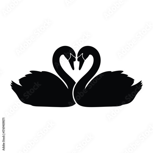 Pair of Black Swans Forming Heart Shape Silhouette Vector | Love, Wedding, Romance Symbol