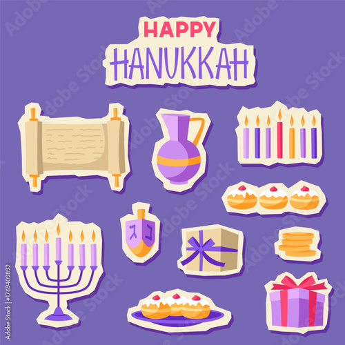 Set of Happy Hanukkah stickers. Illustration of holiday religious symbols.
