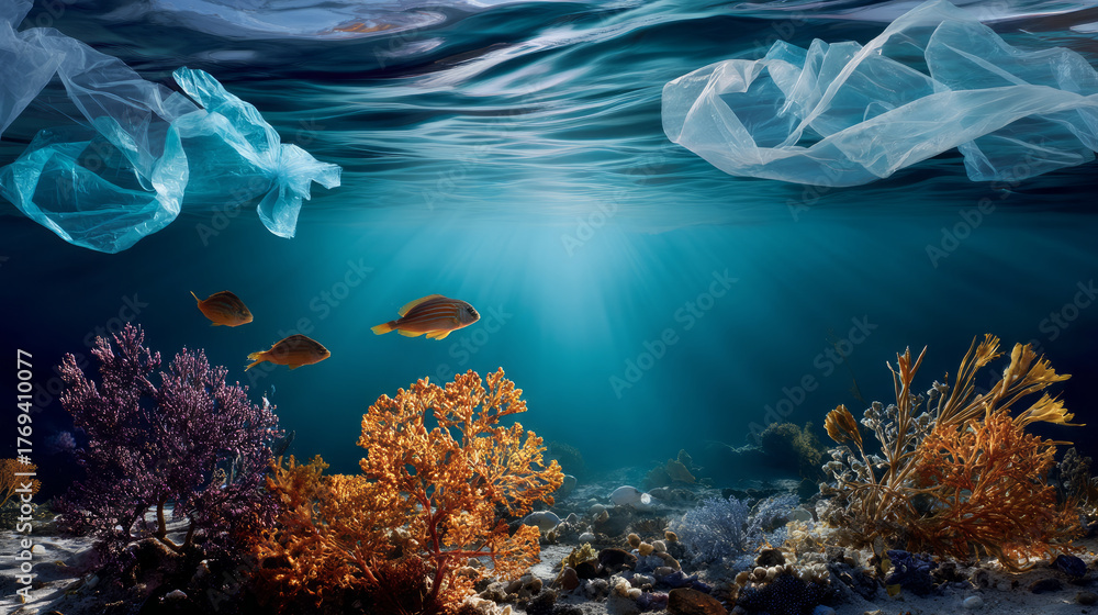 Obraz premium Plastic trash in the ocean. Environmental pollution. sea is covered in plastic and dead sea creatures. global problem, threat ocean wildlife and calling for urgent action to protect the environment.