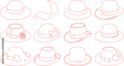 Red Outlined Cartoon Hats Featuring Fedoras, Bowler Hats, and Various Flower Accents Set Against White