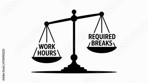 A balance scale weighing work hours against required breaks symbolizing the importance of work life balance and employee well being