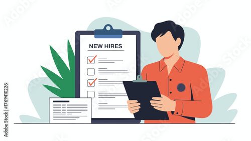 Human resources manager reviews new hires list on clipboard with checkmarks and documents in office setting