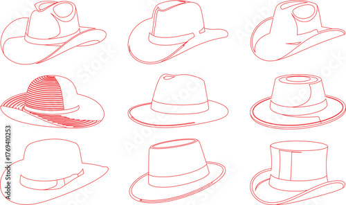 Red Outlined Hats Illustration Collection of Cowboy, Fedora, Top, and Straw Hats on White