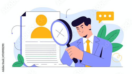 Man in suit examines document with magnifying glass showing a rejected mark and a chat bubble symbolizing communication