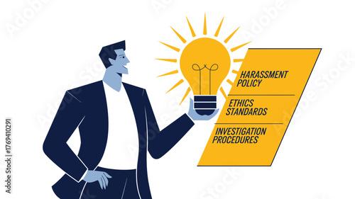 Man holding a glowing lightbulb representing new ideas for harassment policy ethics standards and investigation procedures