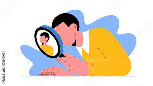 Person examining a profile with a magnifying glass representing analysis scrutiny and research in a stylized flat design