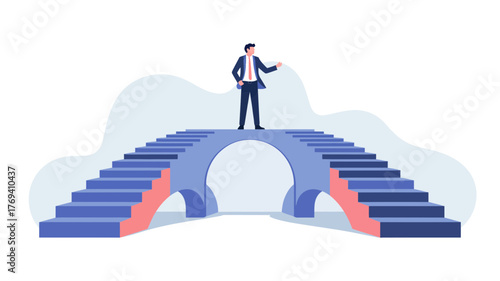 Businessman standing on a bridge with stairs on both sides symbolizing opportunity and future success