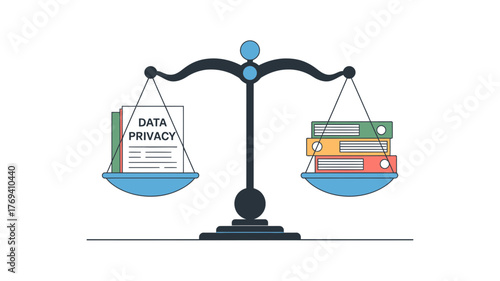 Conceptual illustration of data privacy documents on one side of a scale balanced against a stack of colorful binders on the other side representing information management