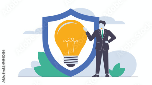 Businessman protecting a bright idea symbolized by a glowing light bulb inside a shield representing innovation and security