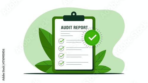Illustration of a clipboard with an audit report and a large green checkmark signifying approval and successful completion of tasks