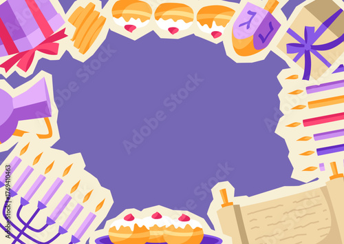 Happy Hanukkah frame with stickers. Illustration with holiday objects.