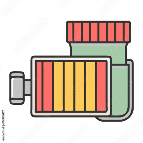 Colorful illustration of an automotive oil filter with container and cap