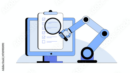 Robotic arm with magnifying glass examining a digital checklist on a computer screen symbolizing automation and data analysis