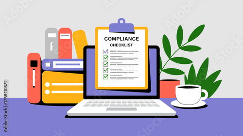 Business compliance checklist on laptop screen with books and coffee cup on desk representing organizational tasks and regulations