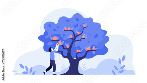 Person reaching for ripe fruit on a stylized blue tree with a minimalist background and abstract shapes