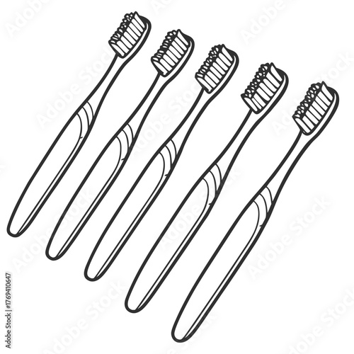 Five toothbrushes arranged in a row