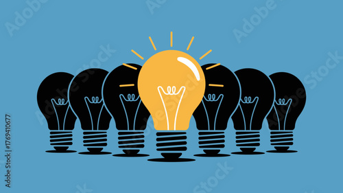One bright yellow glowing light bulb stands out from a row of dark unlit bulbs symbolizing innovation and unique ideas