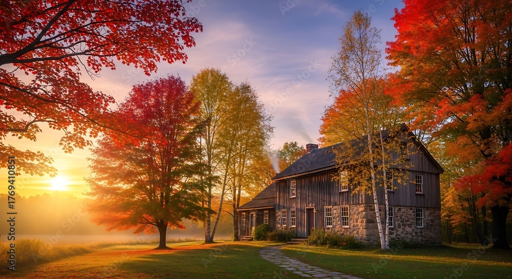 Naklejka premium Autumnal Serenity - A Rustic Home Amidst Vibrant Fall Foliage.